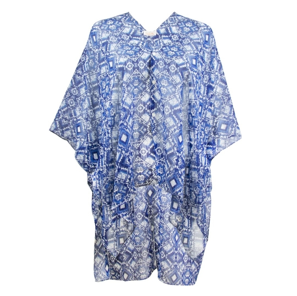 Canyon Sky Women's High-Low Blue and White Print Caftan, One Size